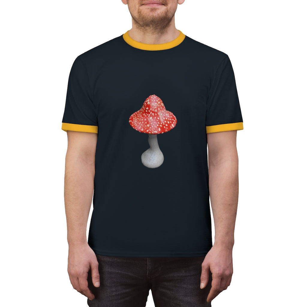 Mushroom Unisex Ringer Tee in various colors, showcasing its lightweight fabric and classic design.