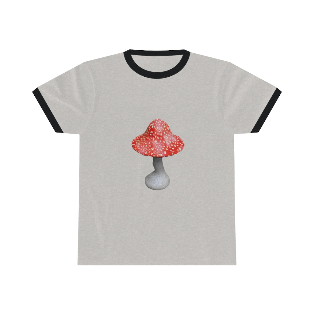 Mushroom Unisex Ringer Tee in various colors, showcasing its lightweight fabric and classic design.