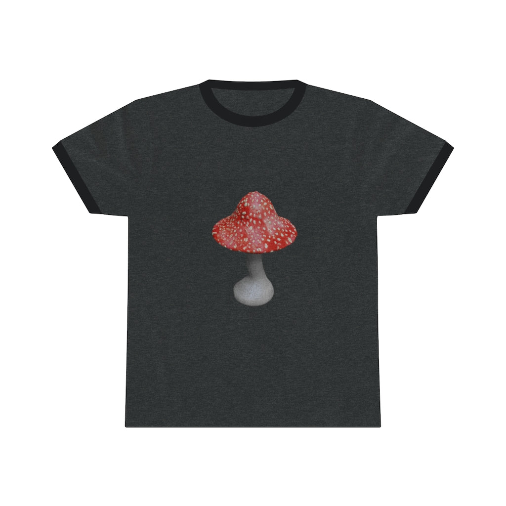 Mushroom Unisex Ringer Tee in various colors, showcasing its lightweight fabric and classic design.