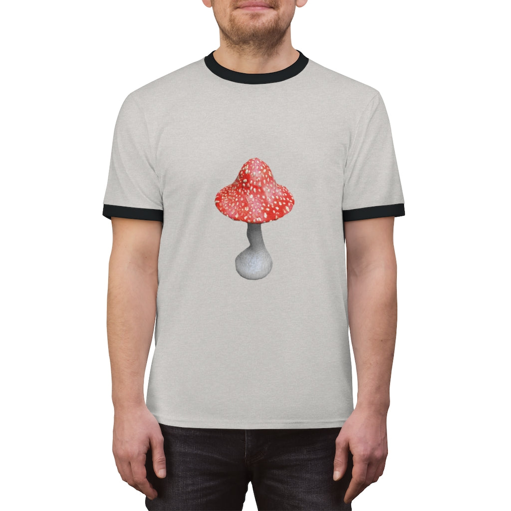 Mushroom Unisex Ringer Tee in various colors, showcasing its lightweight fabric and classic design.