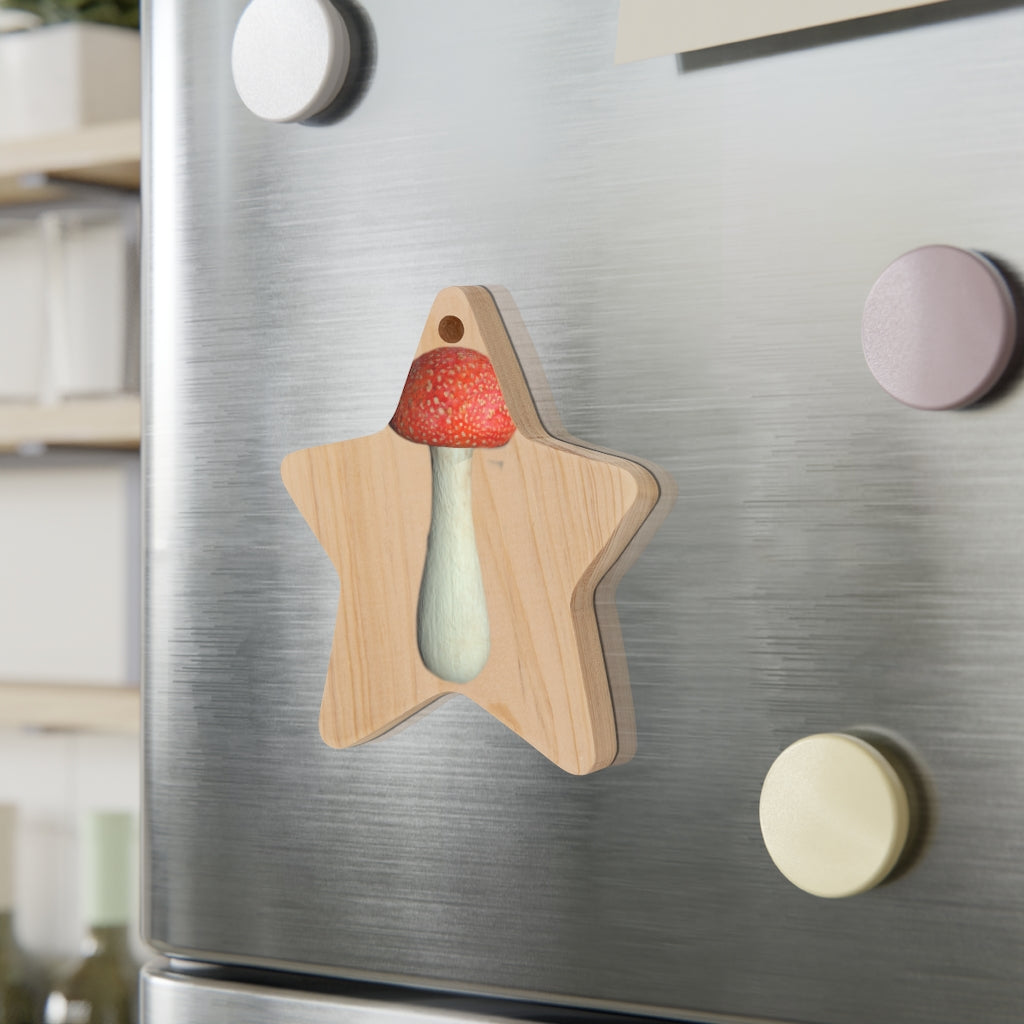 Mushroom Wooden Christmas Ornaments in various whimsical shapes, featuring a rustic wooden finish and red ribbons for hanging.