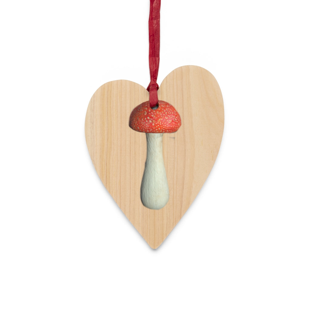 Mushroom Wooden Christmas Ornaments in various whimsical shapes, featuring a rustic wooden finish and red ribbons for hanging.