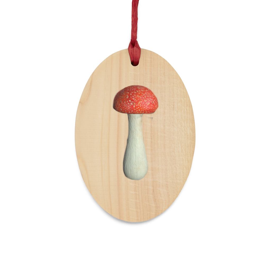 Mushroom Wooden Christmas Ornaments in various whimsical shapes, featuring a rustic wooden finish and red ribbons for hanging.