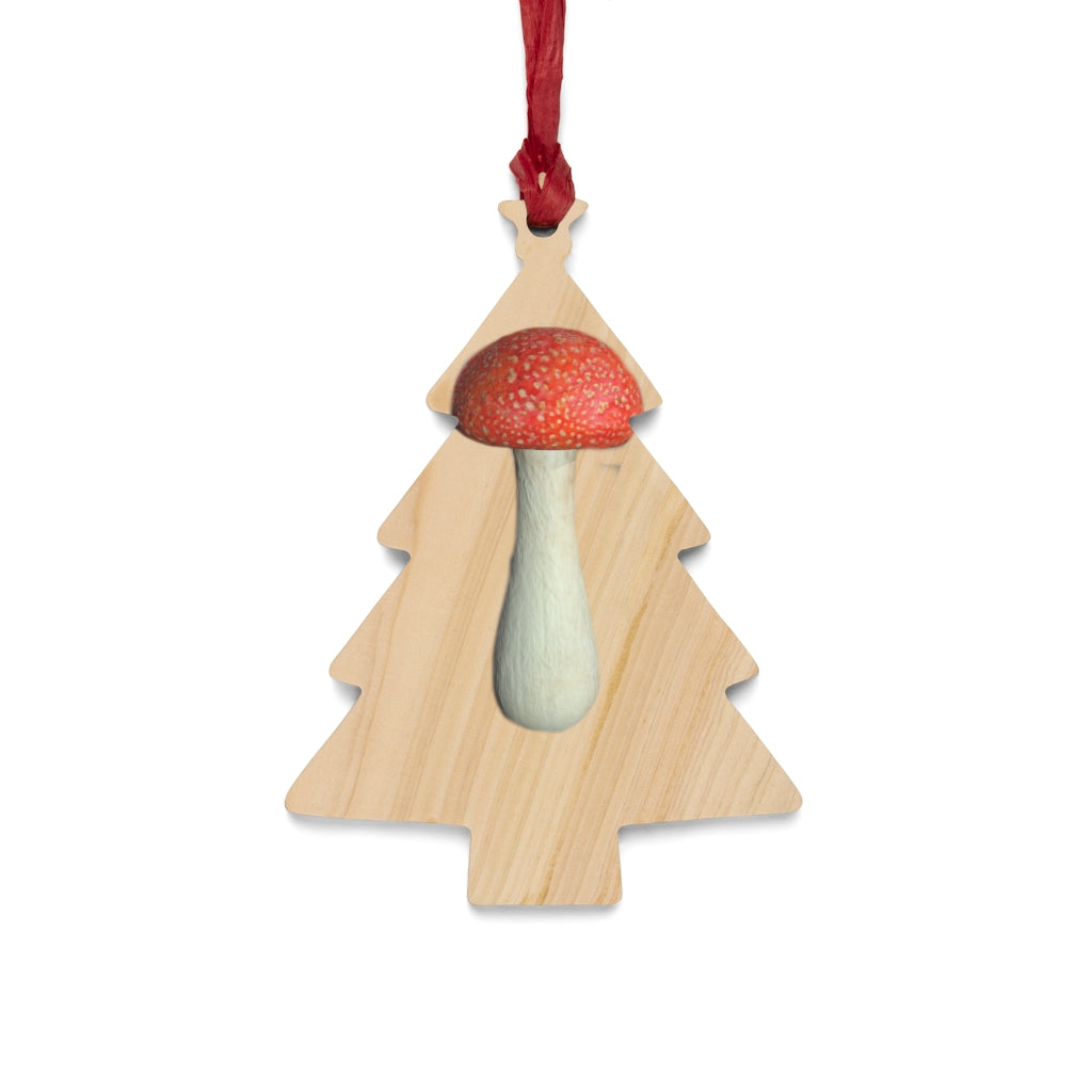 Mushroom Wooden Christmas Ornaments in various whimsical shapes, featuring a rustic wooden finish and red ribbons for hanging.