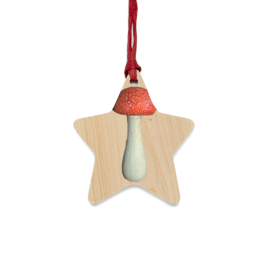 Mushroom Wooden Christmas Ornaments in various whimsical shapes, featuring a rustic wooden finish and red ribbons for hanging.