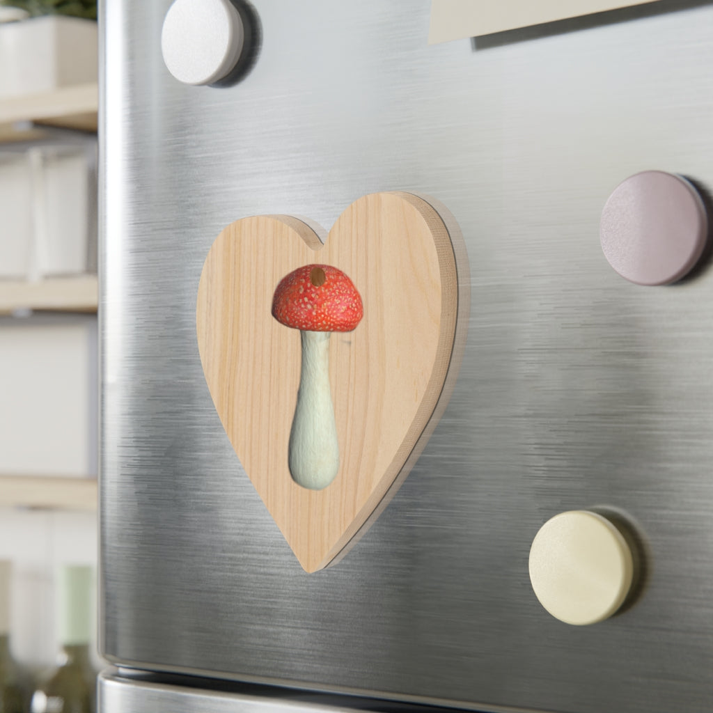 Mushroom Wooden Christmas Ornaments in various whimsical shapes, featuring a rustic wooden finish and red ribbons for hanging.