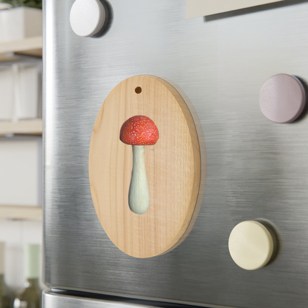 Mushroom Wooden Christmas Ornaments in various whimsical shapes, featuring a rustic wooden finish and red ribbons for hanging.