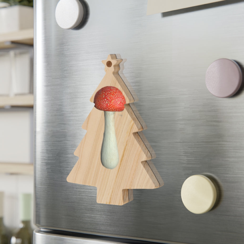 Mushroom Wooden Christmas Ornaments in various whimsical shapes, featuring a rustic wooden finish and red ribbons for hanging.