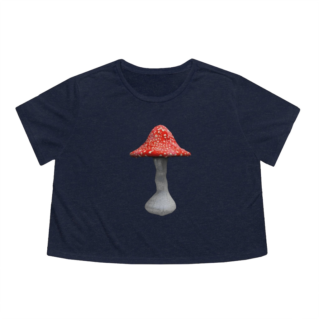 Mushroom Women's Flowy Cropped Tee in various colors, showcasing its soft fabric and stylish design.