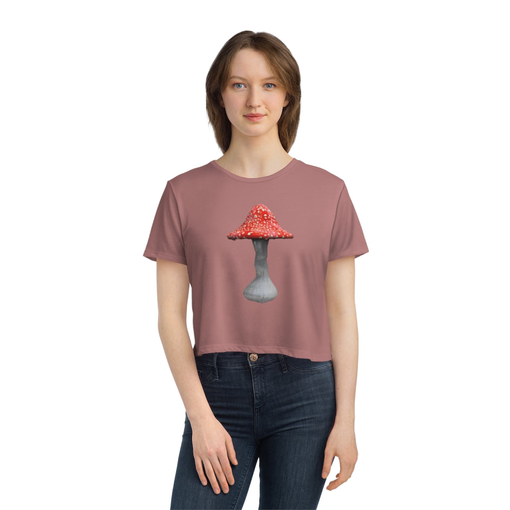 Mushroom Women's Flowy Cropped Tee in various colors, showcasing its soft fabric and stylish design.