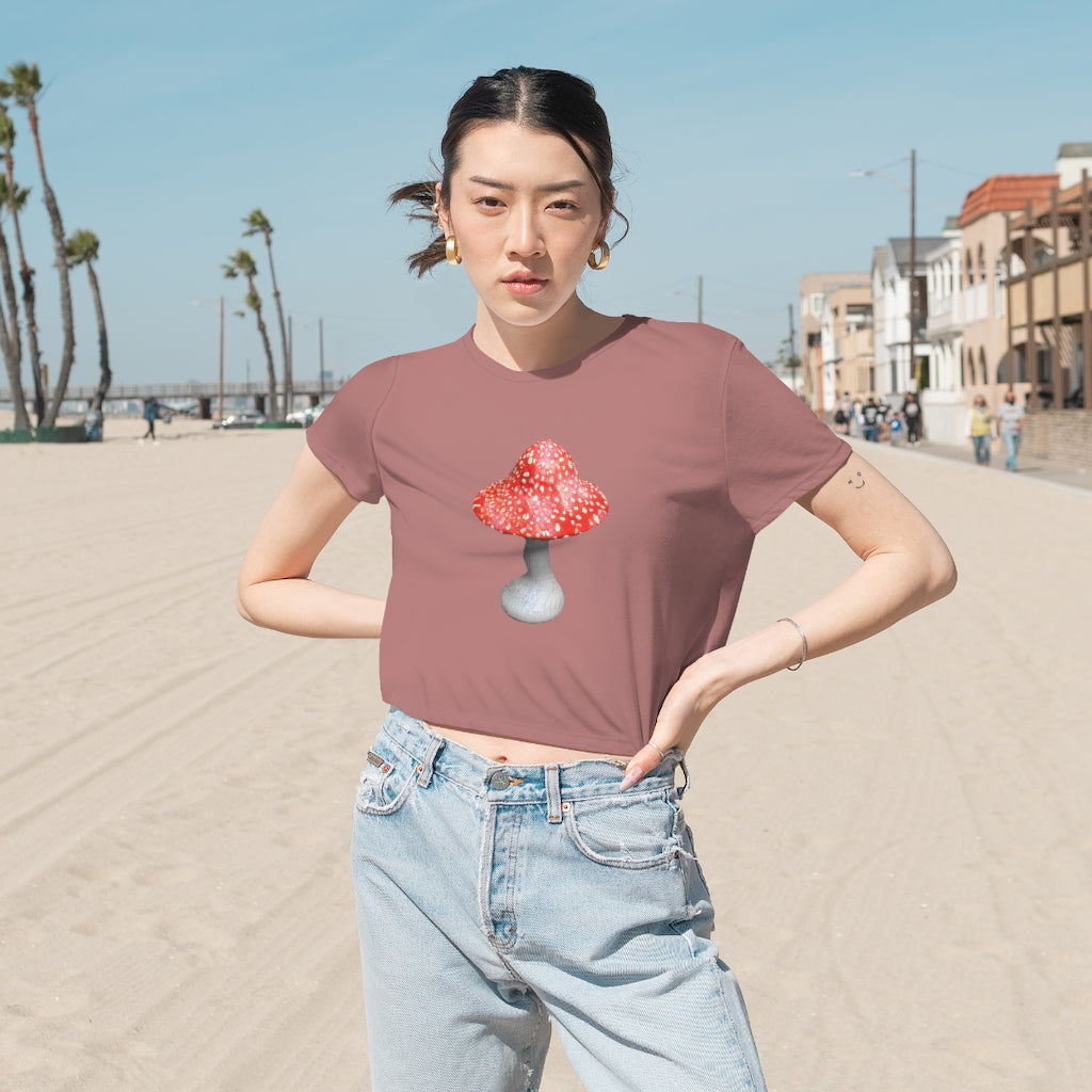 Mushroom Women's Flowy Cropped Tee showcasing a soft, lightweight fabric with a modest crop and flowy fit, perfect for personalized designs.