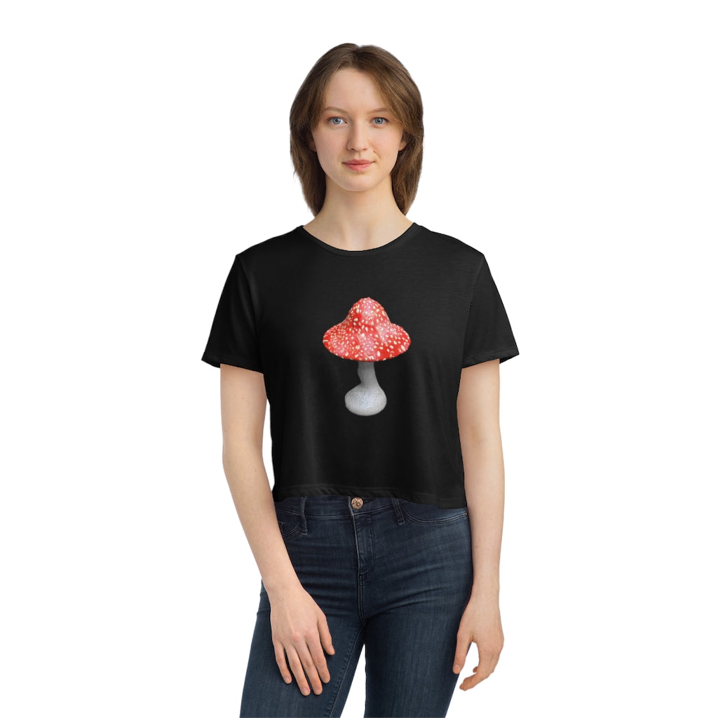 Mushroom Women's Flowy Cropped Tee showcasing a soft, lightweight fabric with a modest crop and flowy fit, perfect for personalized designs.