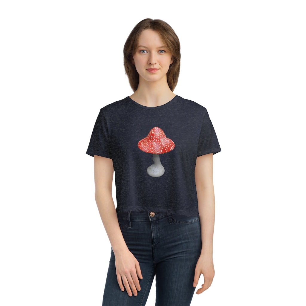 Mushroom Women's Flowy Cropped Tee showcasing a soft, lightweight fabric with a modest crop and flowy fit, perfect for personalized designs.