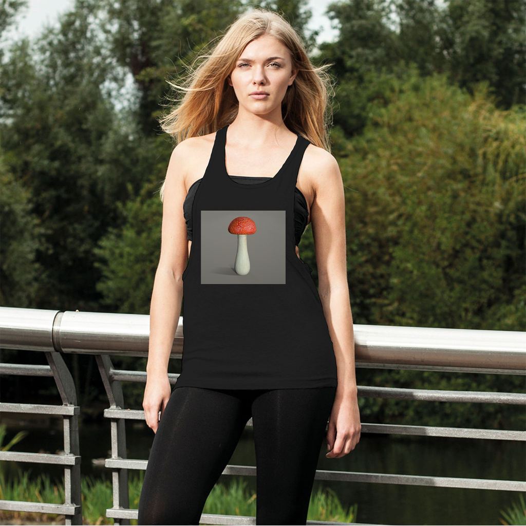 Mushroom Women's Loose Racerback Tank Top in light grey, featuring a wide crew neck and extra-deep armholes for a trendy gym look.