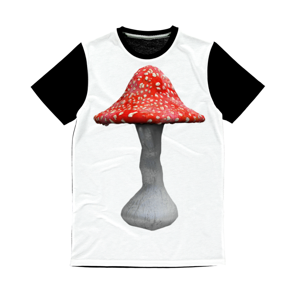 Mushroom2 Classic Sublimation Panel T-Shirt featuring a vibrant front design and plain black back, ideal for custom printing.