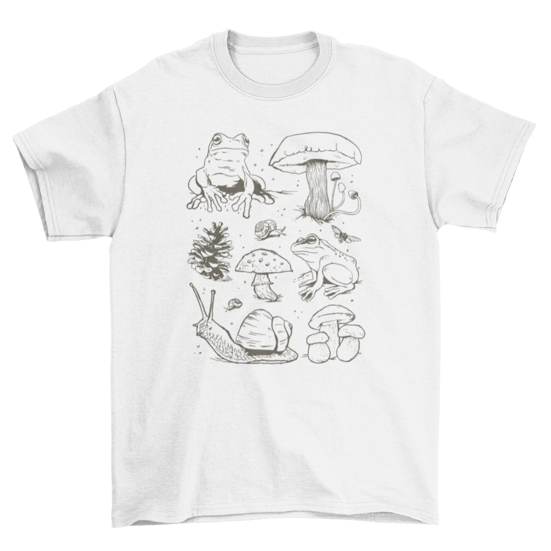 A stylish t-shirt featuring a hand-drawn design of frogs and mushrooms, showcasing forest elements in vibrant colors.