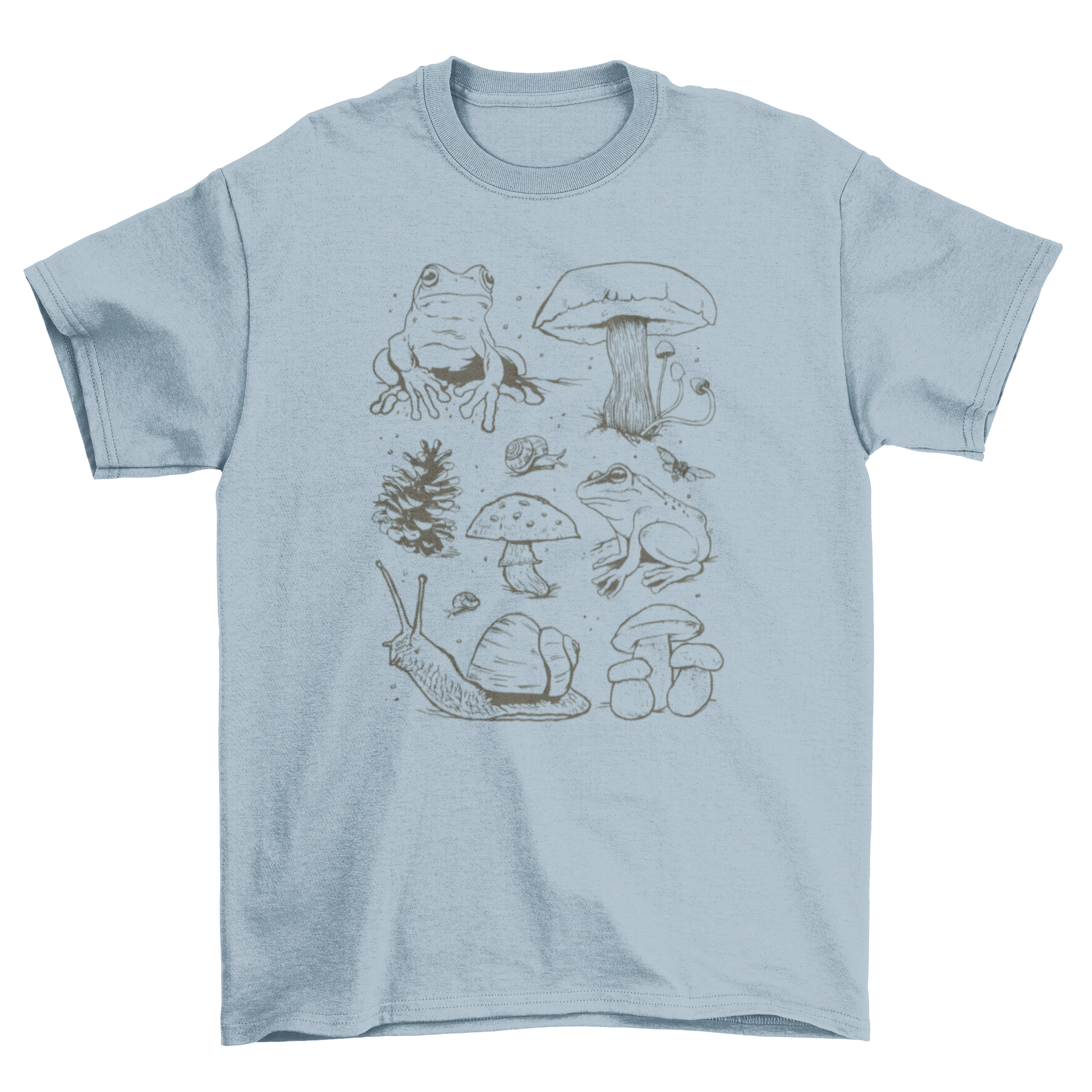 A stylish t-shirt featuring a hand-drawn design of frogs and mushrooms, showcasing forest elements in vibrant colors.