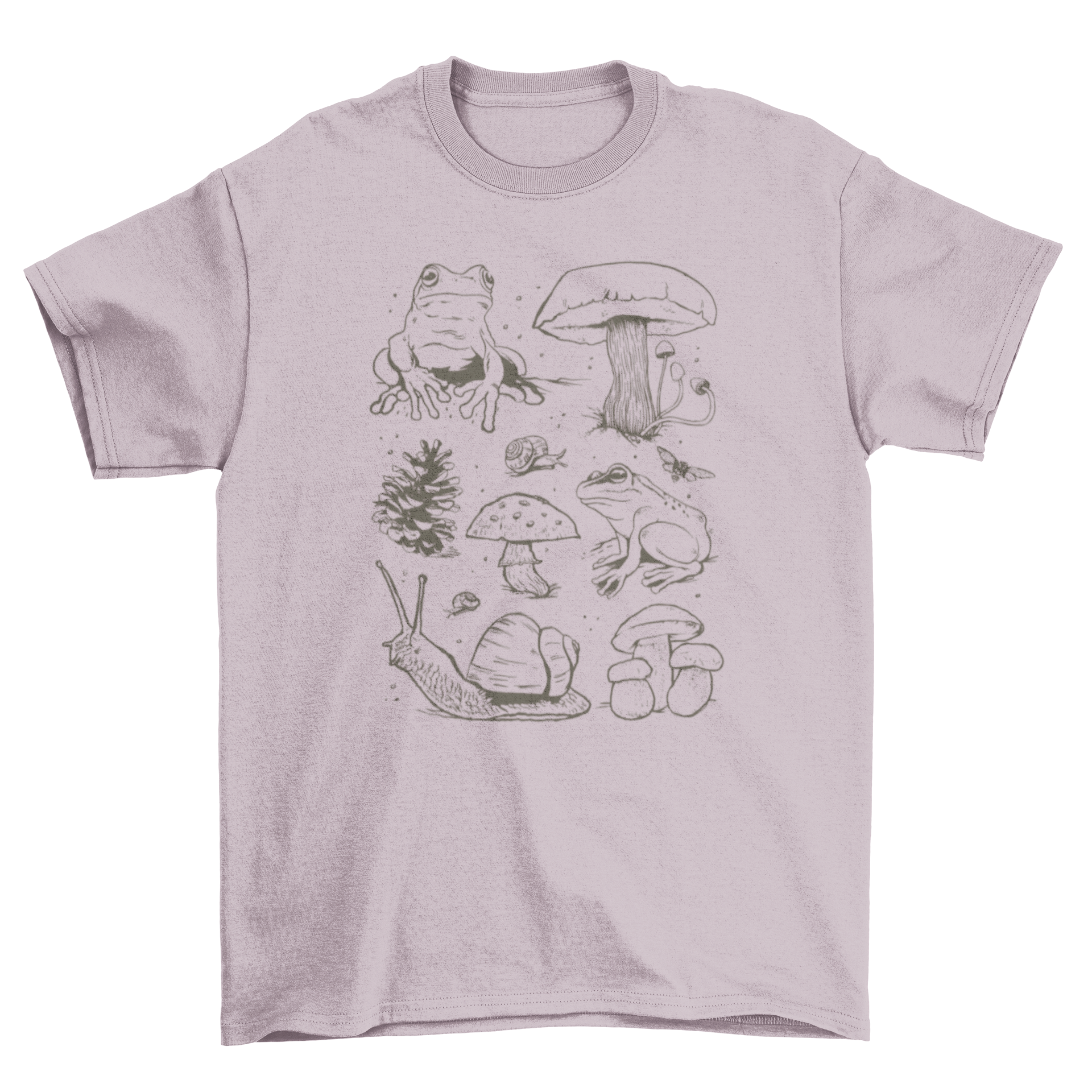 A stylish t-shirt featuring a hand-drawn design of frogs and mushrooms, showcasing forest elements in vibrant colors.