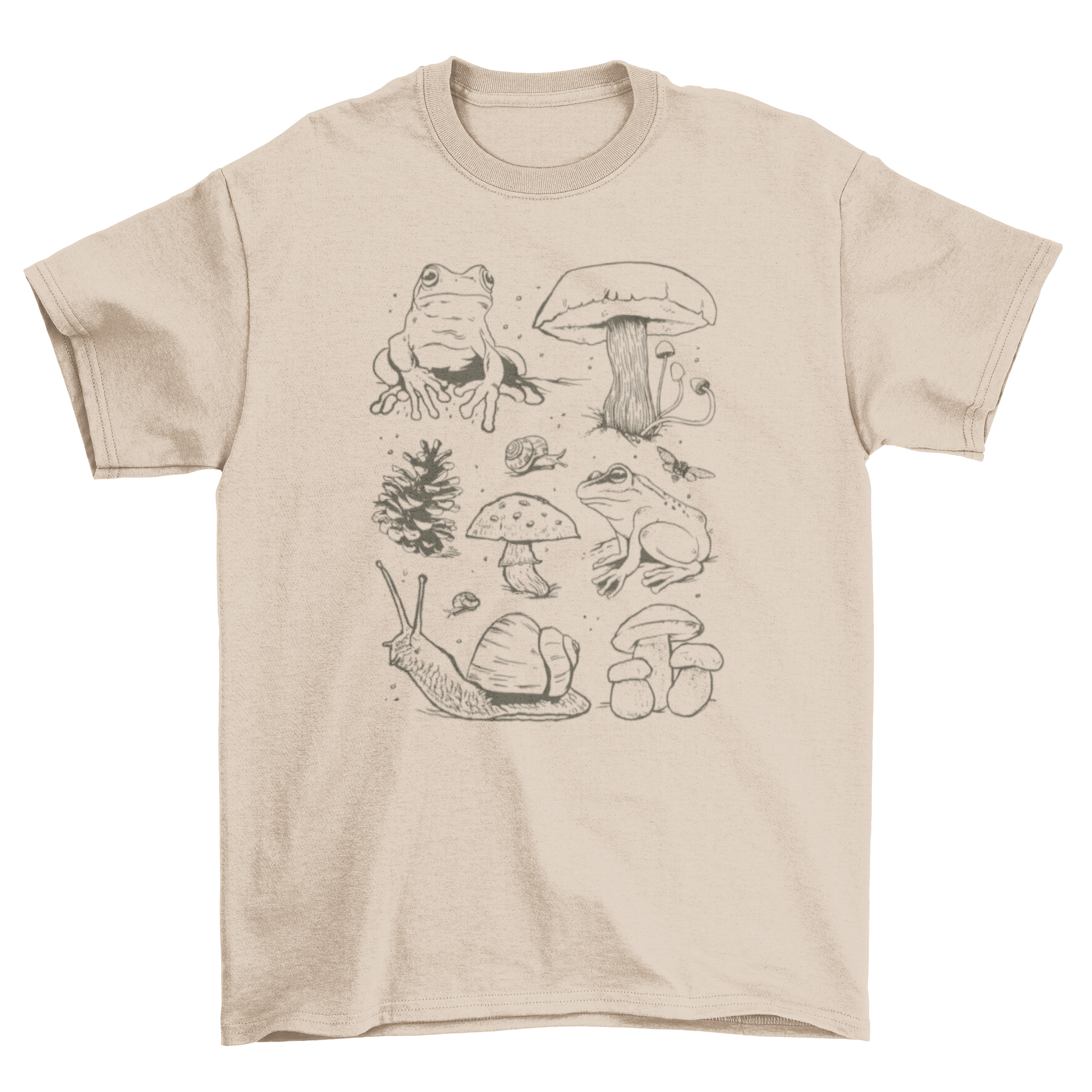 A stylish t-shirt featuring a hand-drawn design of frogs and mushrooms, showcasing forest elements in vibrant colors.