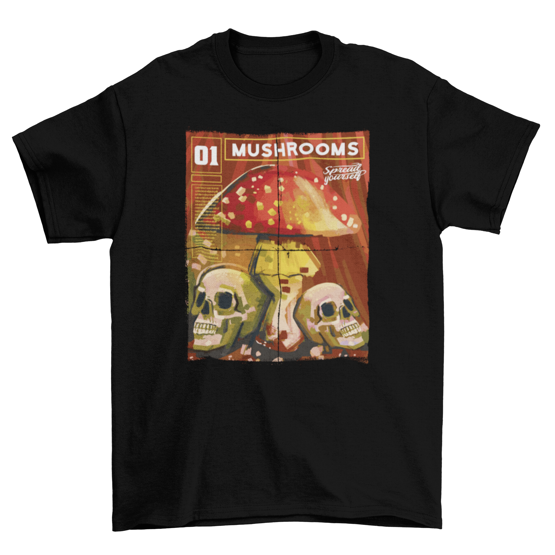 Mushrooms magazine t-shirt featuring a colorful mushroom and two skulls design.