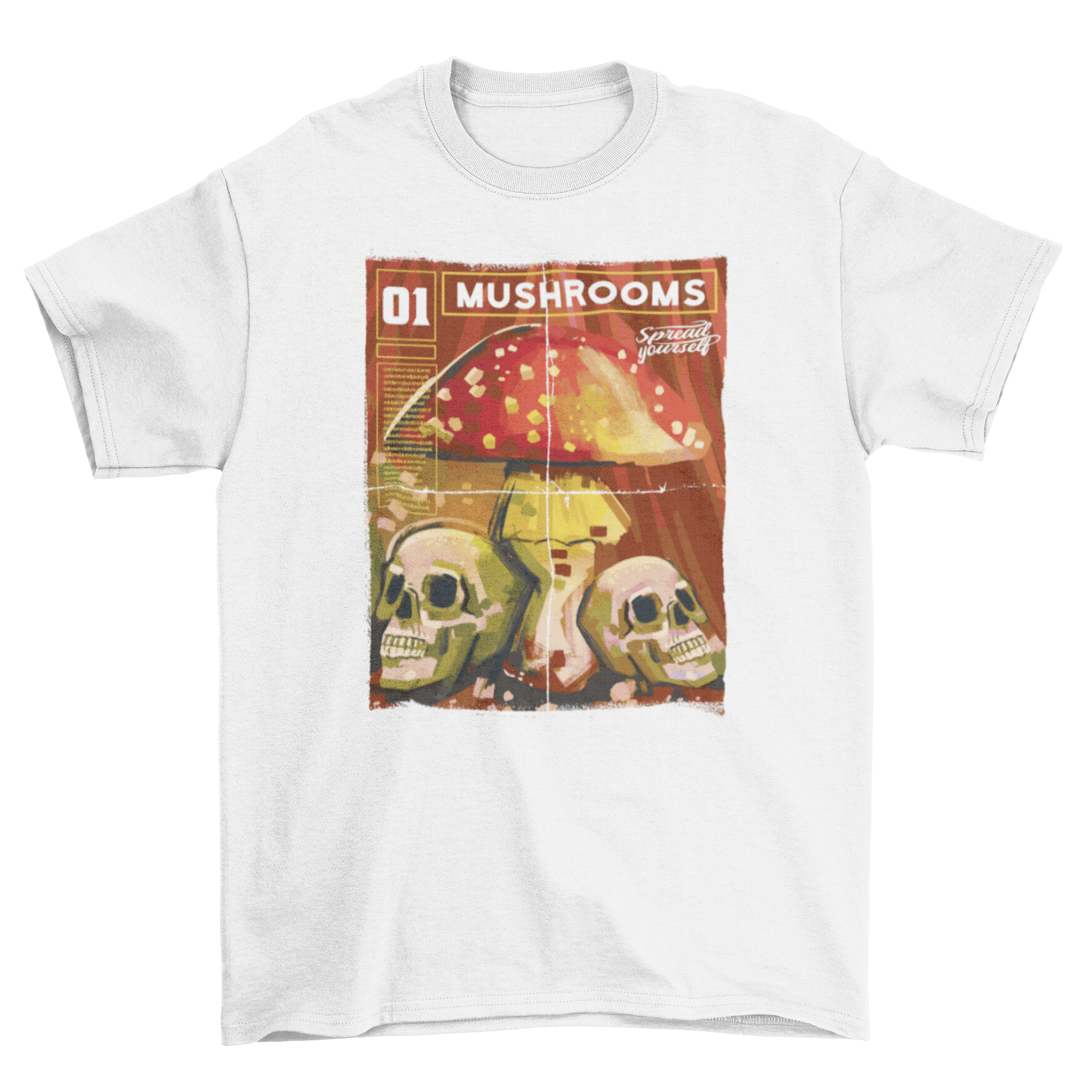 Mushrooms magazine t-shirt featuring a colorful mushroom and two skulls design.