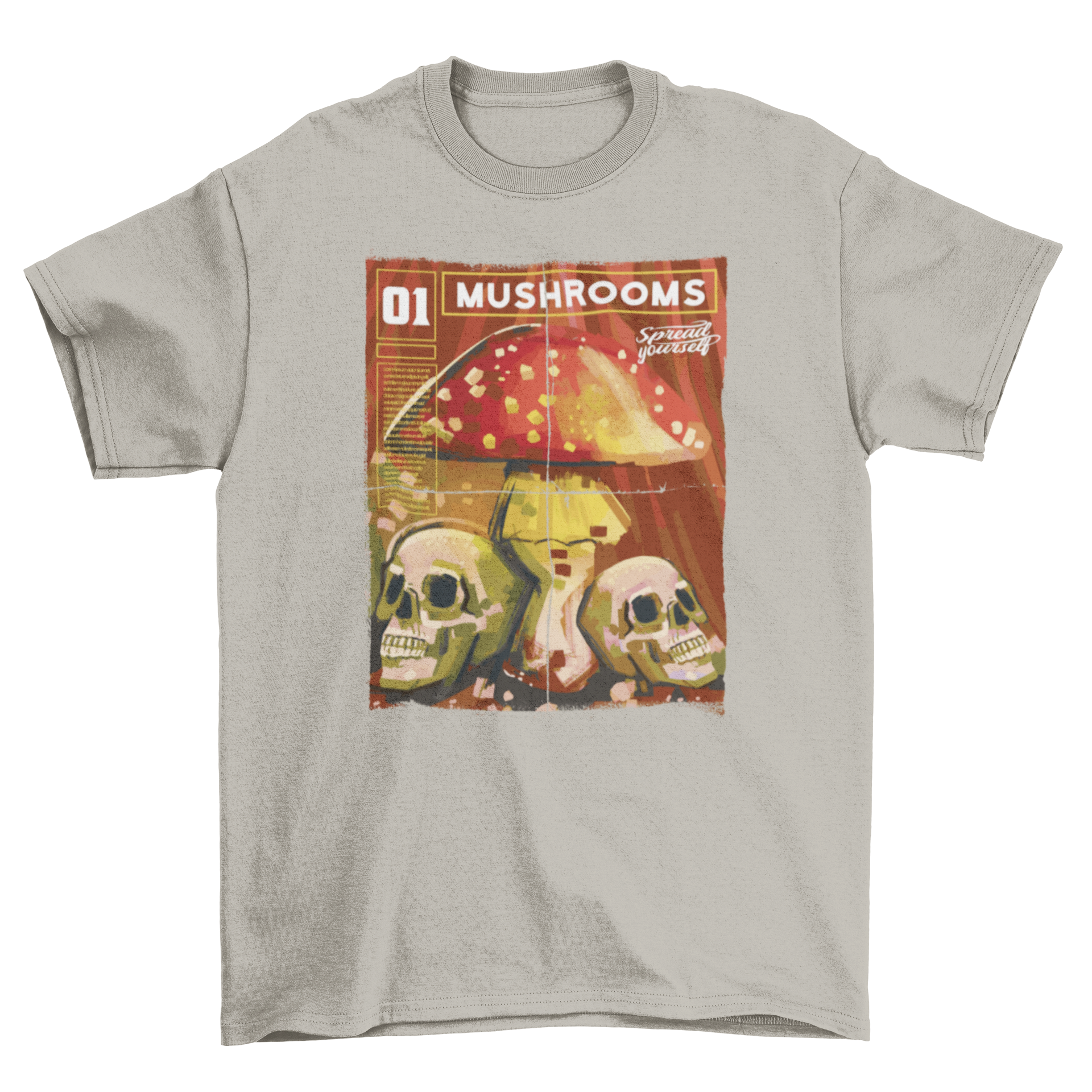 Mushrooms magazine t-shirt featuring a colorful mushroom and two skulls design.