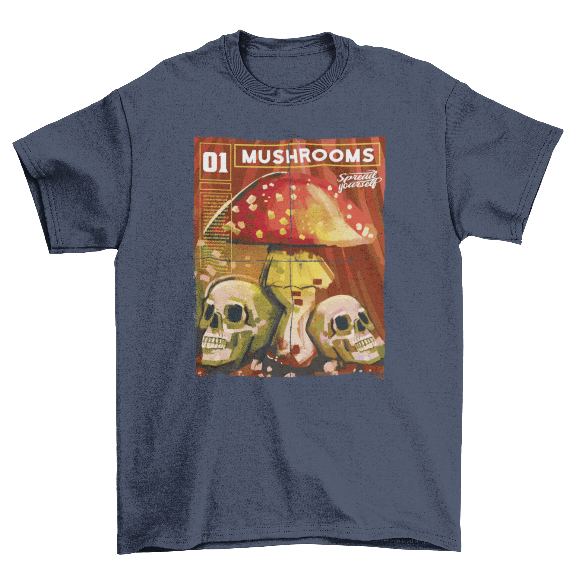 Mushrooms magazine t-shirt featuring a colorful mushroom and two skulls design.