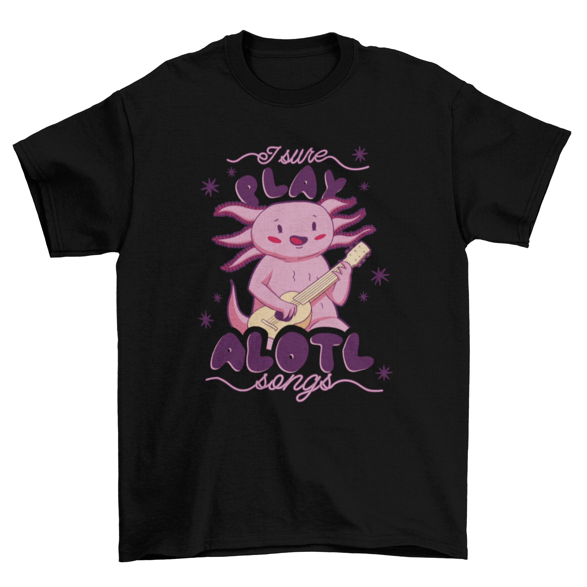 A playful t-shirt design featuring an axolotl playing guitar with the quote 'I sure play alotl of songs'.