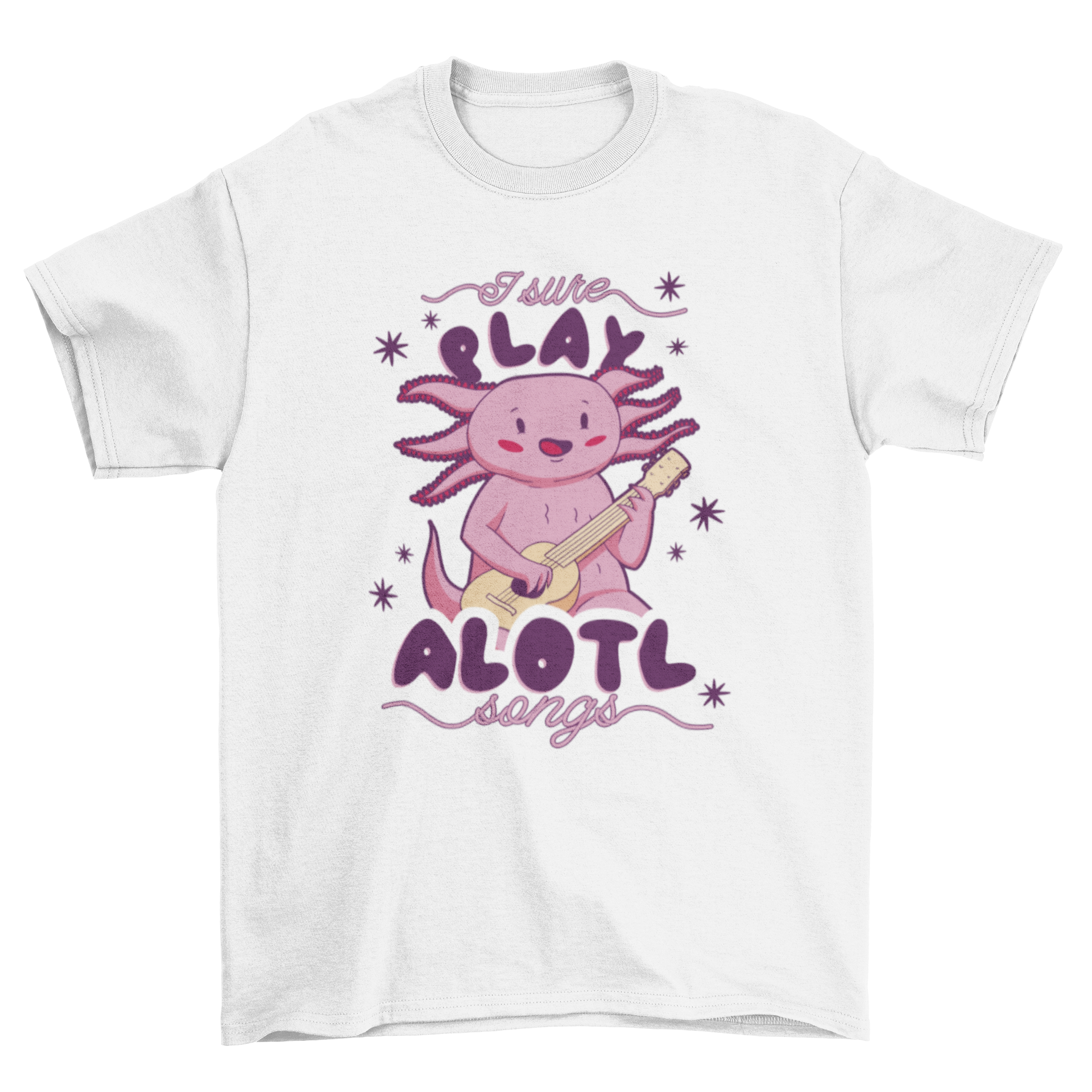 A playful t-shirt design featuring an axolotl playing guitar with the quote 'I sure play alotl of songs'.