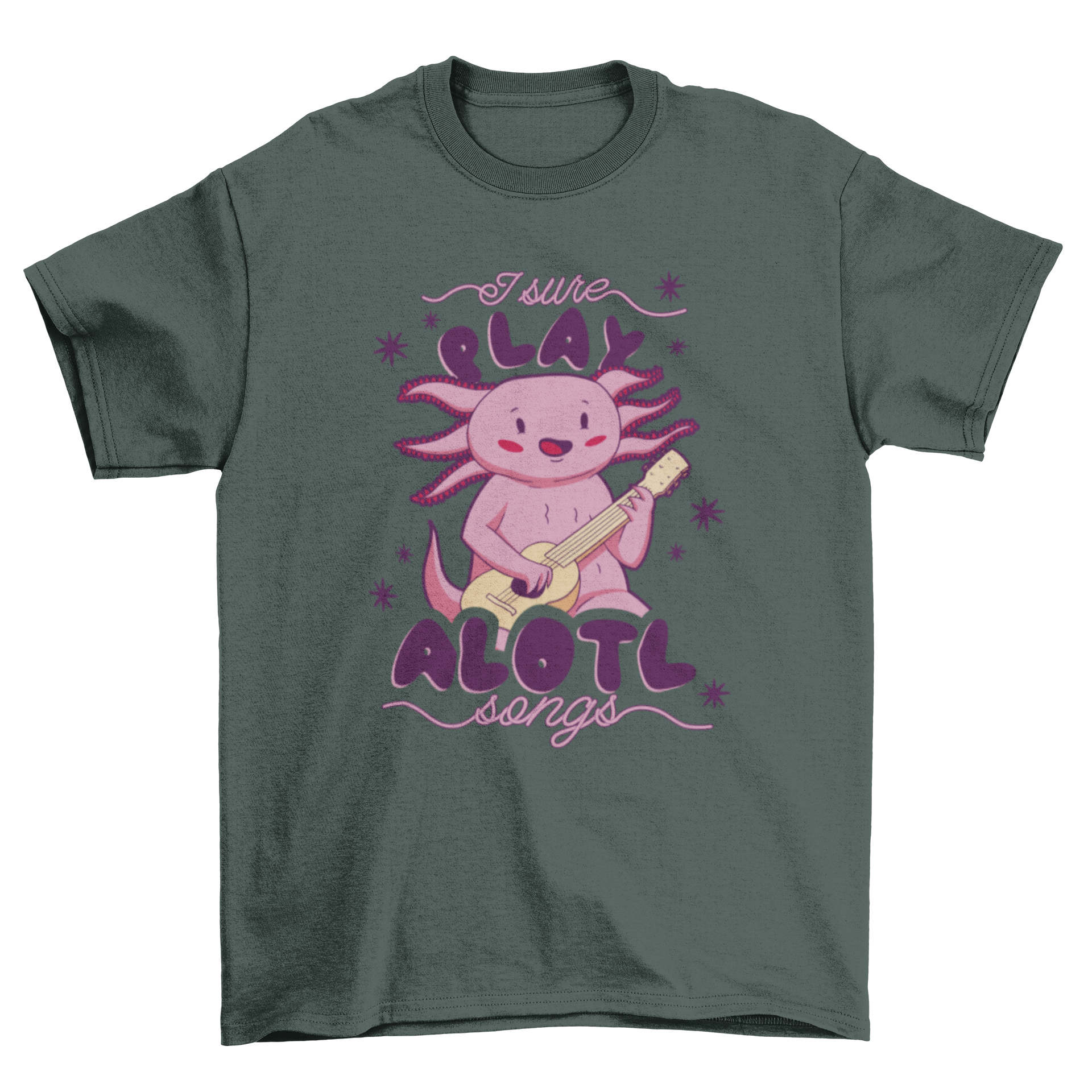 A playful t-shirt design featuring an axolotl playing guitar with the quote 'I sure play alotl of songs'.