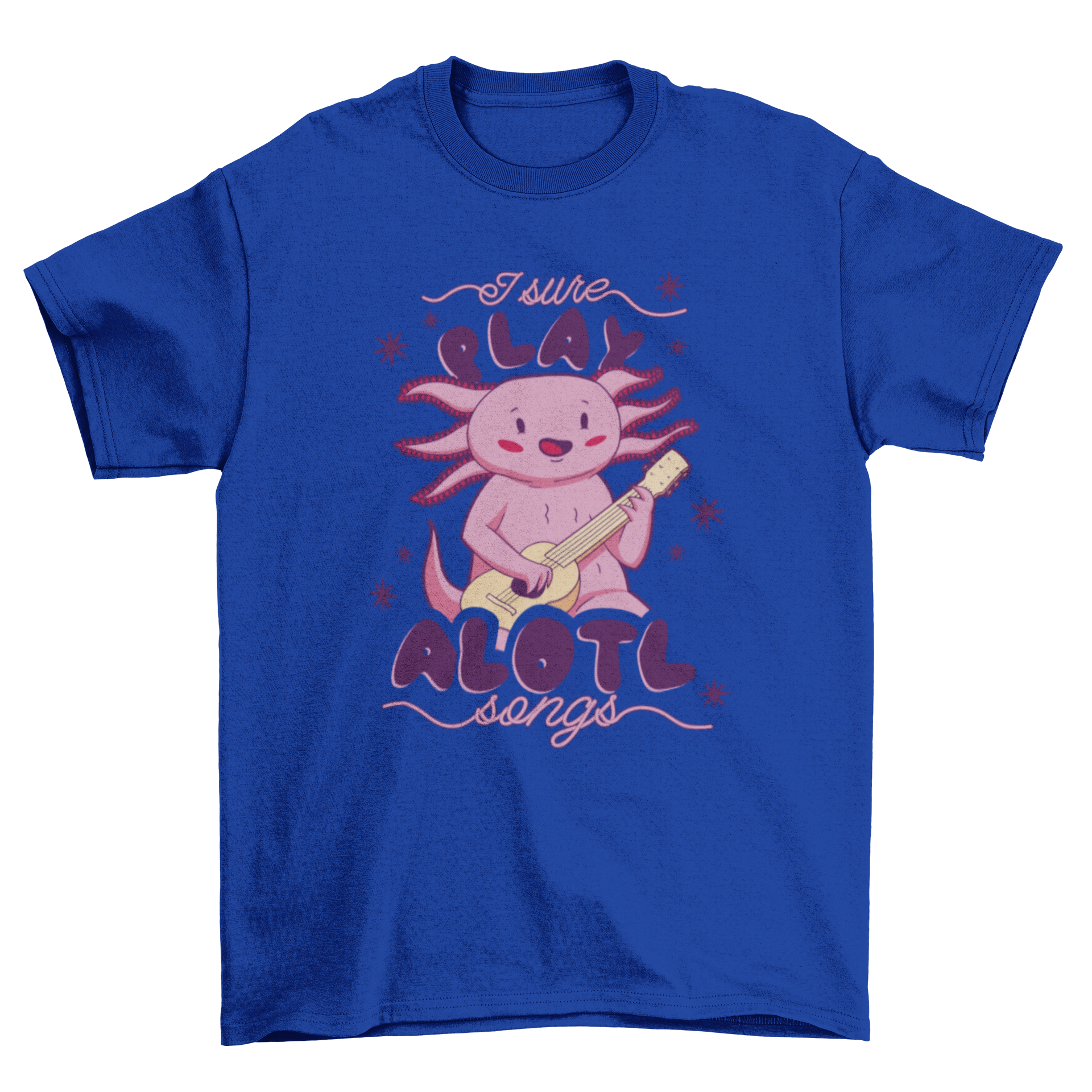 A playful t-shirt design featuring an axolotl playing guitar with the quote 'I sure play alotl of songs'.