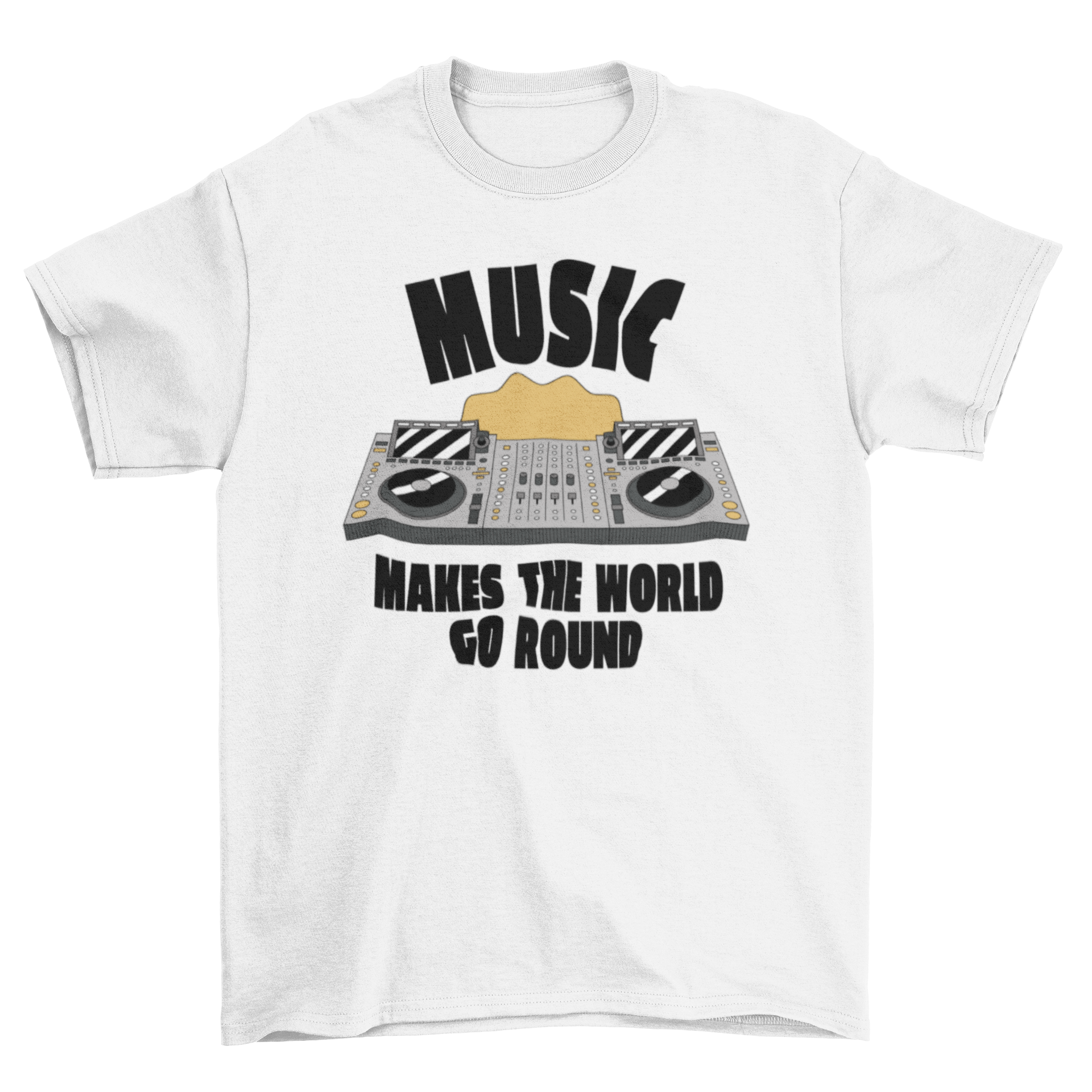 A stylish t-shirt featuring a DJ console design and the quote 'Music makes the world go round'.