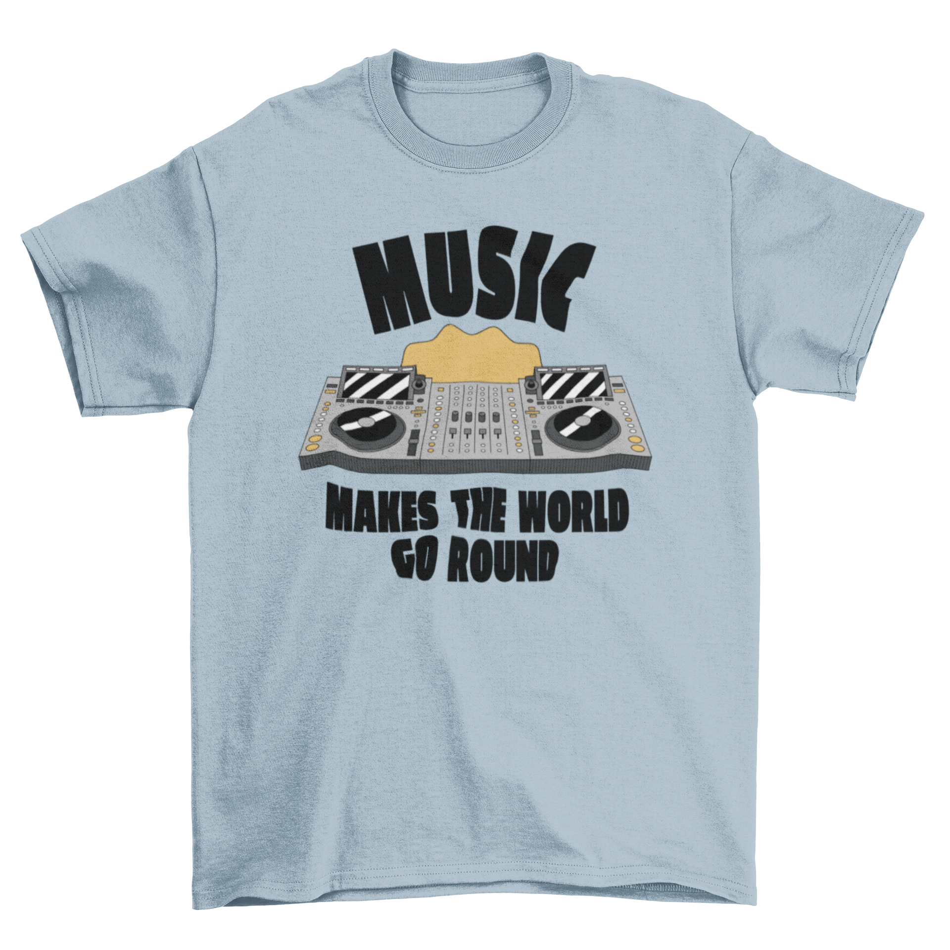 A stylish t-shirt featuring a DJ console design and the quote 'Music makes the world go round'.