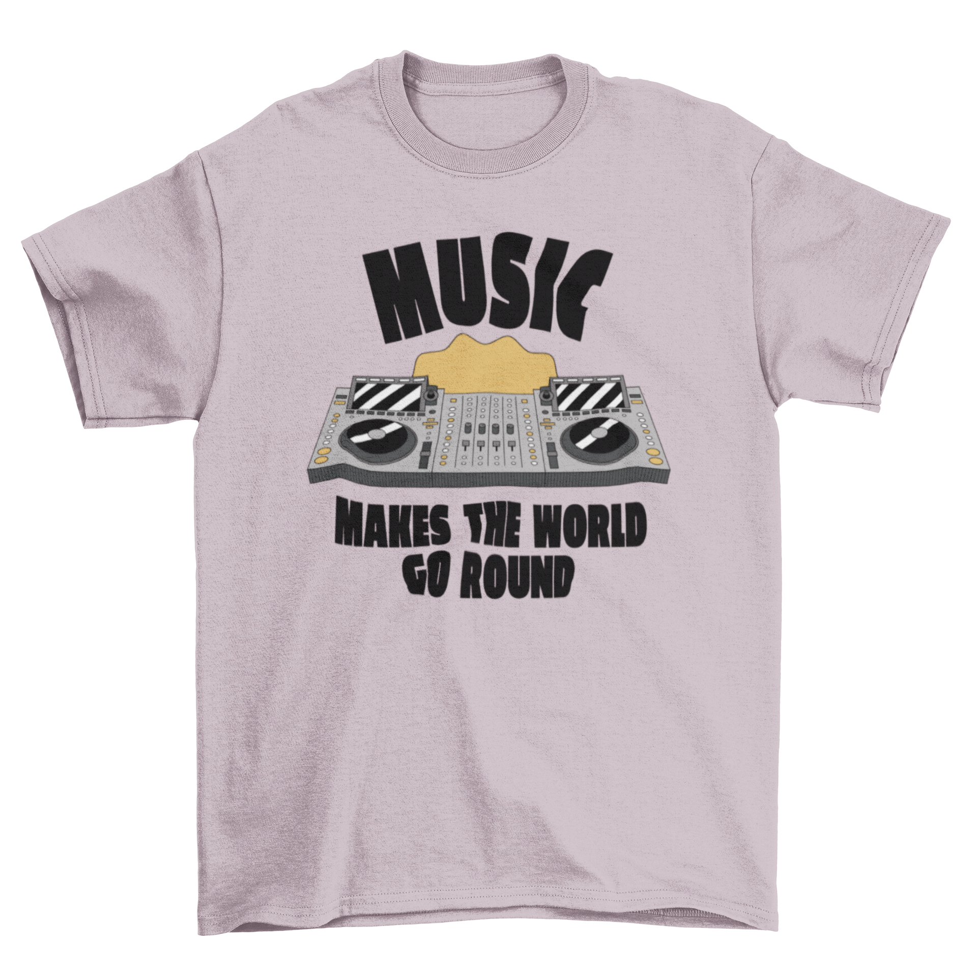 A stylish t-shirt featuring a DJ console design and the quote 'Music makes the world go round'.