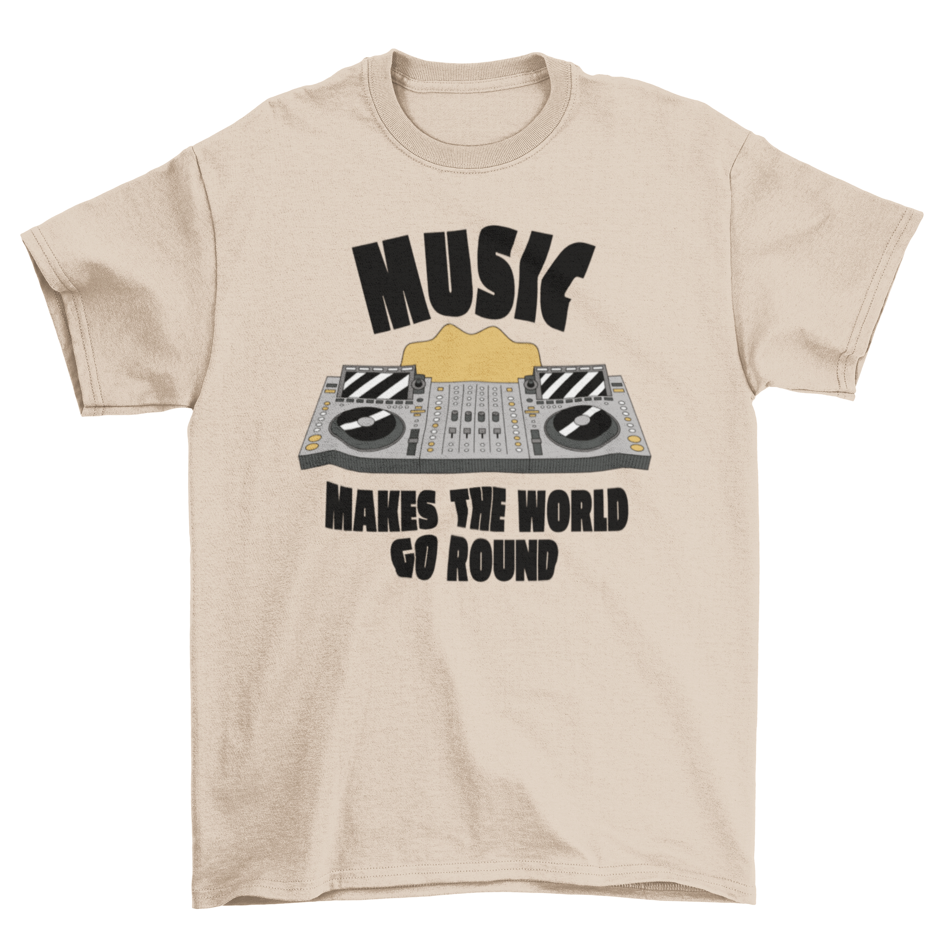 A stylish t-shirt featuring a DJ console design and the quote 'Music makes the world go round'.