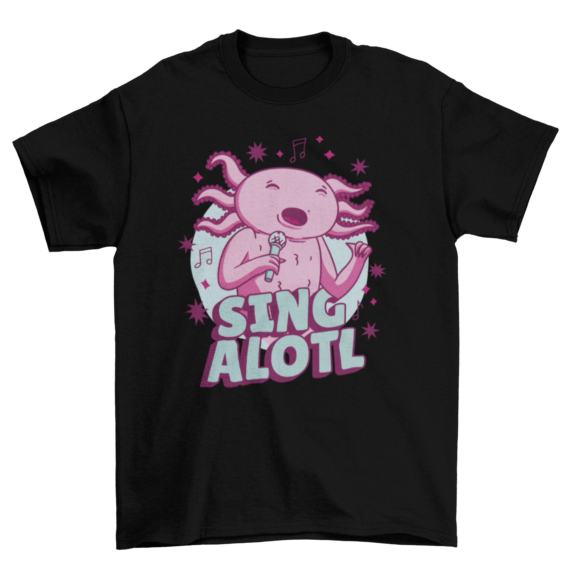 A playful axolotl character singing with the quote 'Sing alotl' on a vibrant t-shirt.