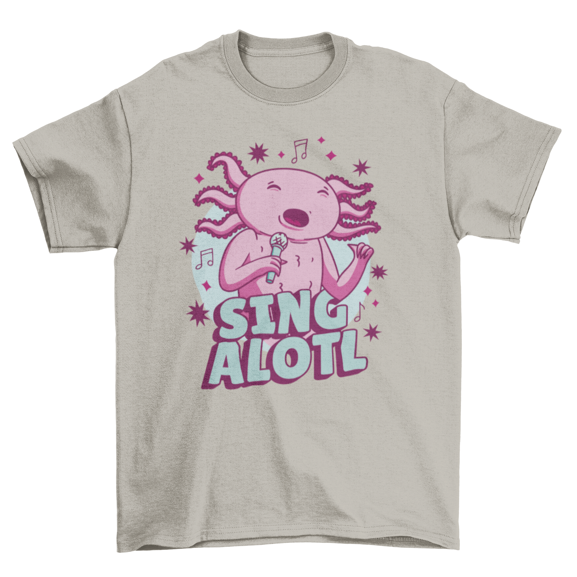 A playful axolotl character singing with the quote 'Sing alotl' on a vibrant t-shirt.