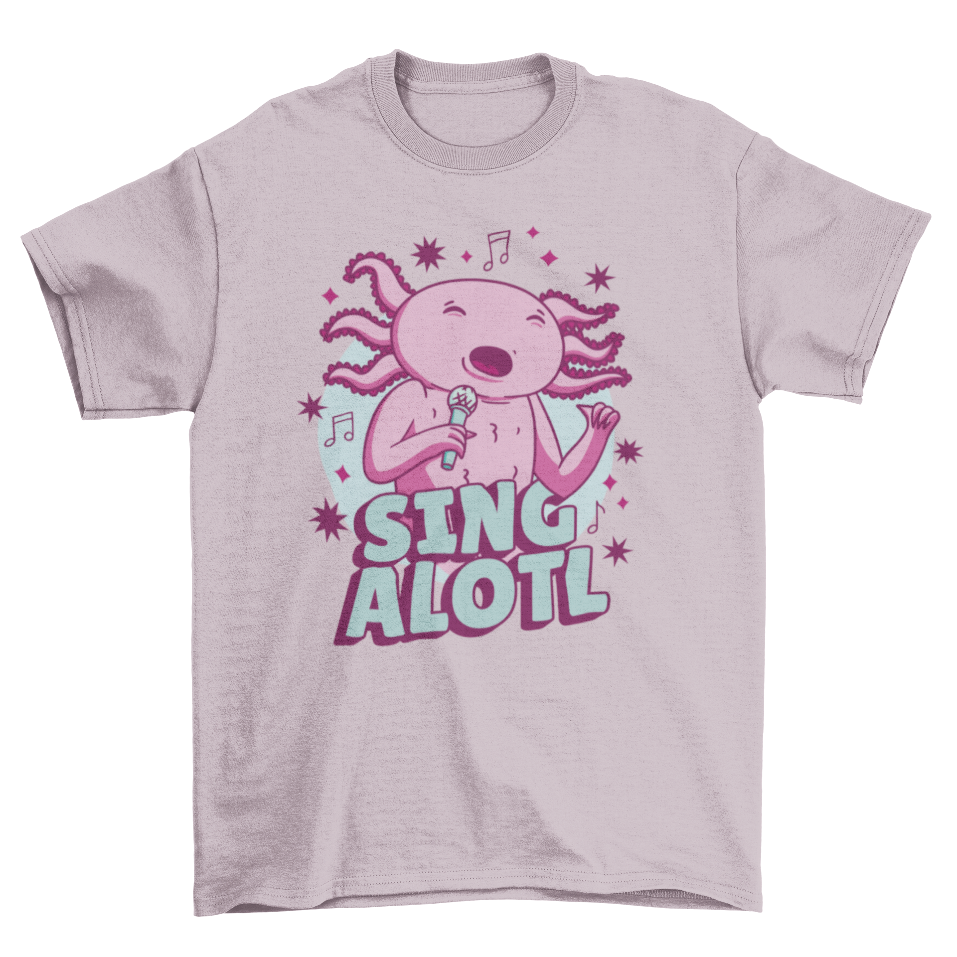 A playful axolotl character singing with the quote 'Sing alotl' on a vibrant t-shirt.