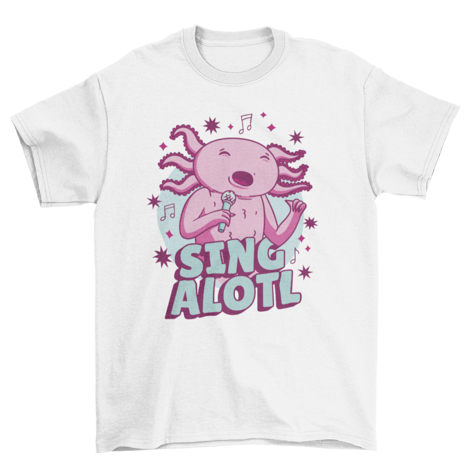 A playful axolotl character singing with the quote 'Sing alotl' on a vibrant t-shirt.