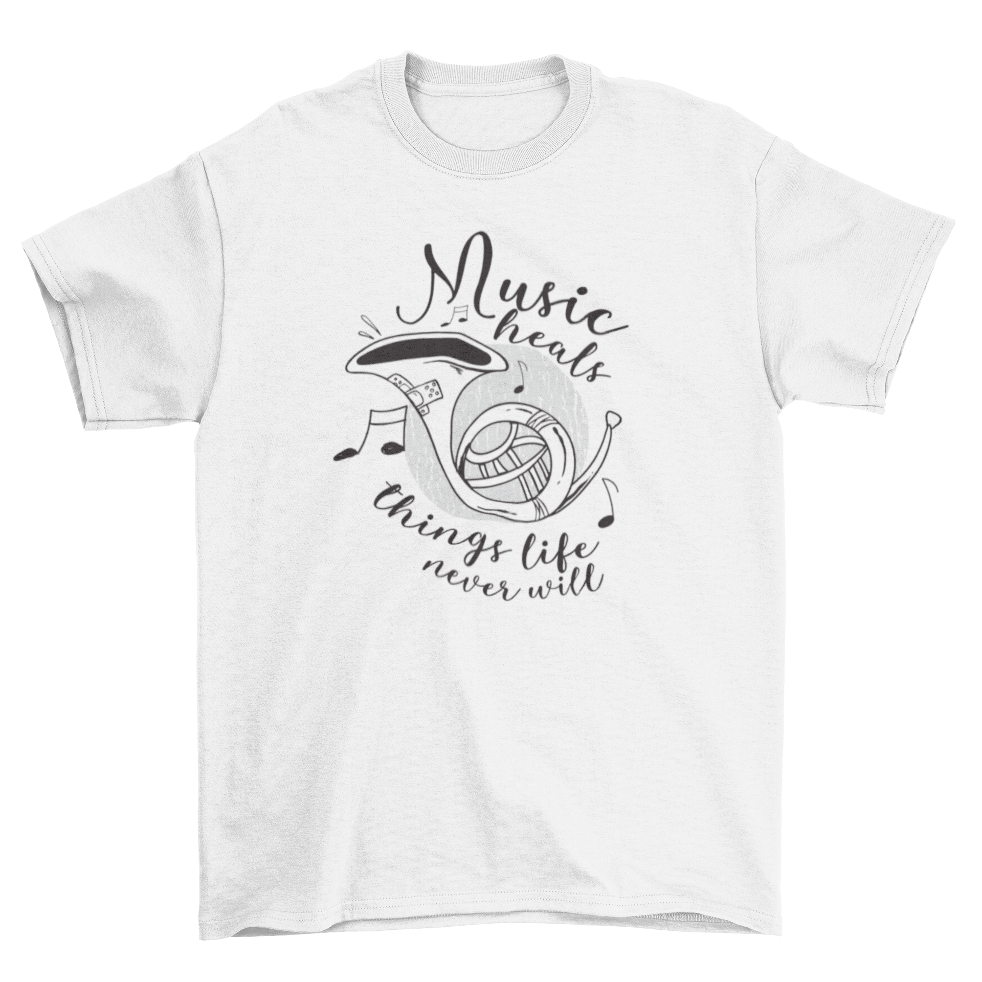 Music heals t-shirt featuring a French horn illustration and inspirational quote with floating music notes.