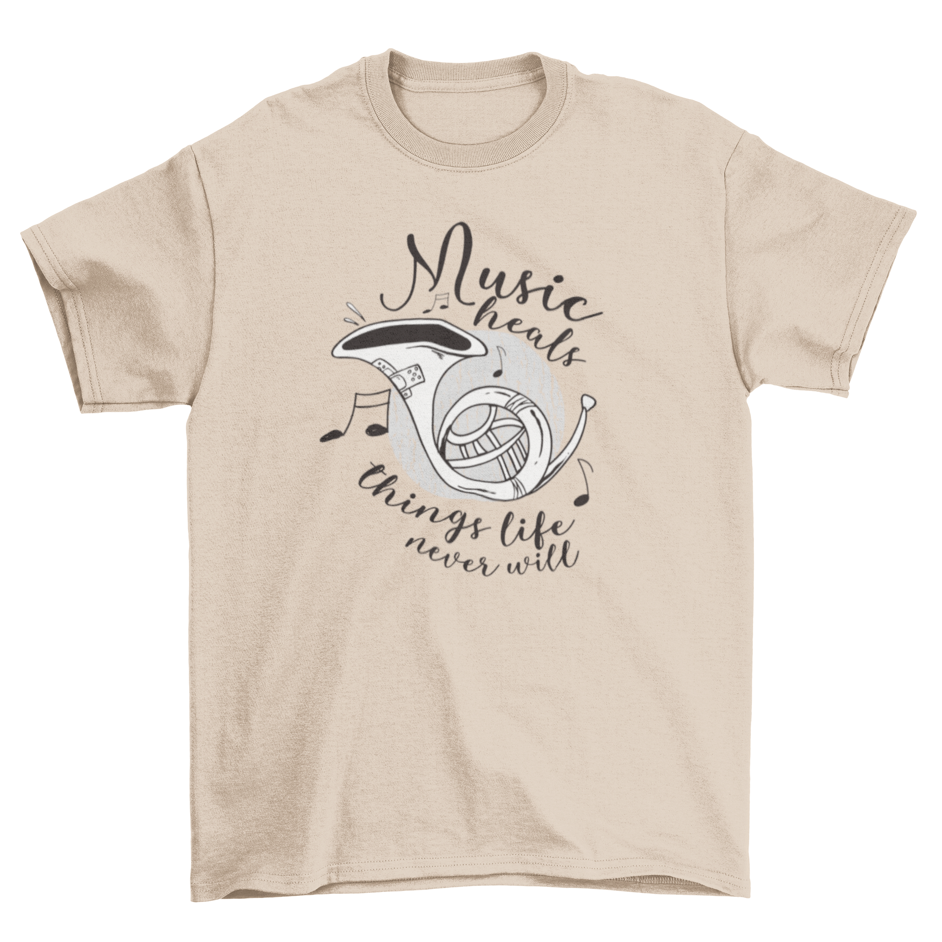 Music heals t-shirt featuring a French horn illustration and inspirational quote with floating music notes.