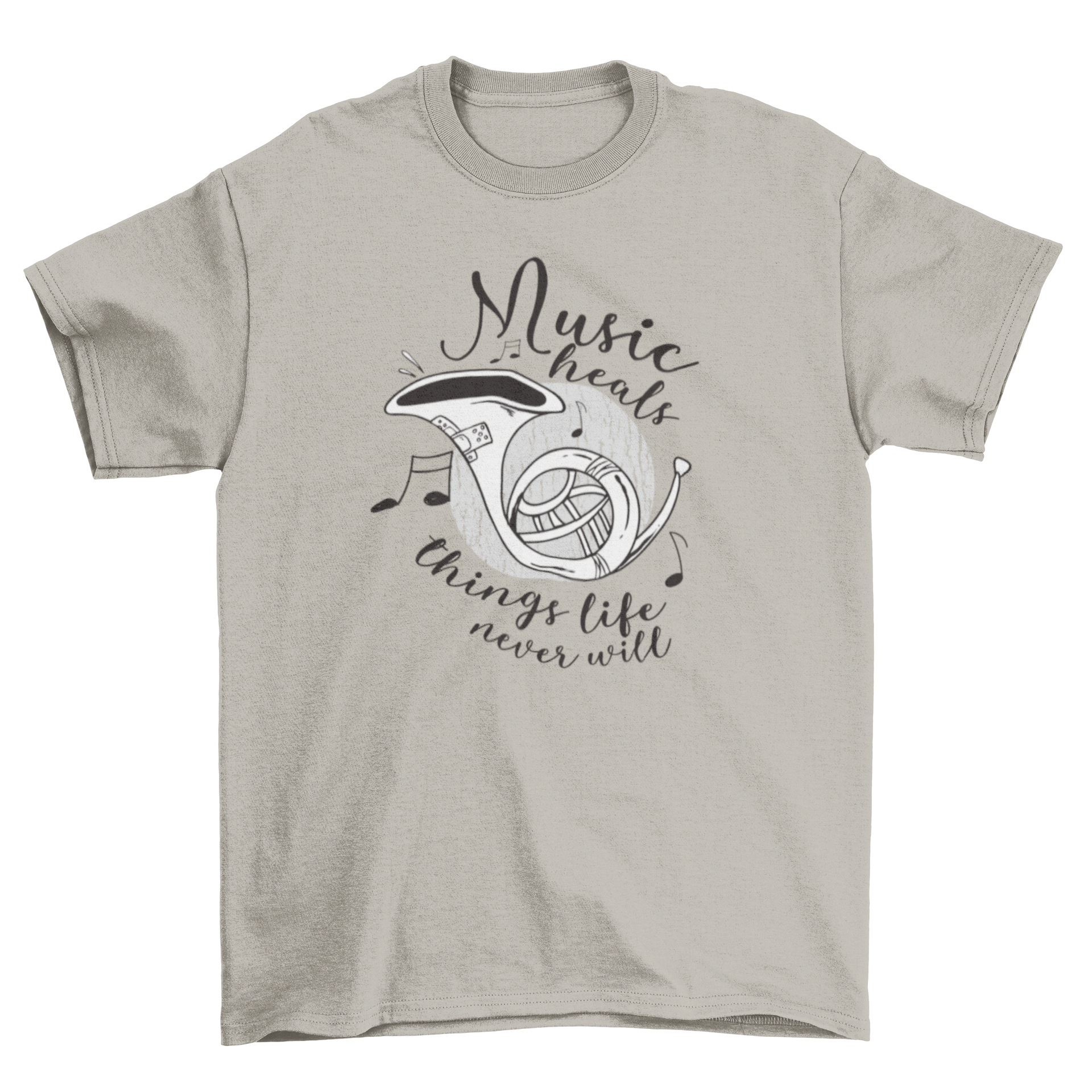 Music heals t-shirt featuring a French horn illustration and inspirational quote with floating music notes.