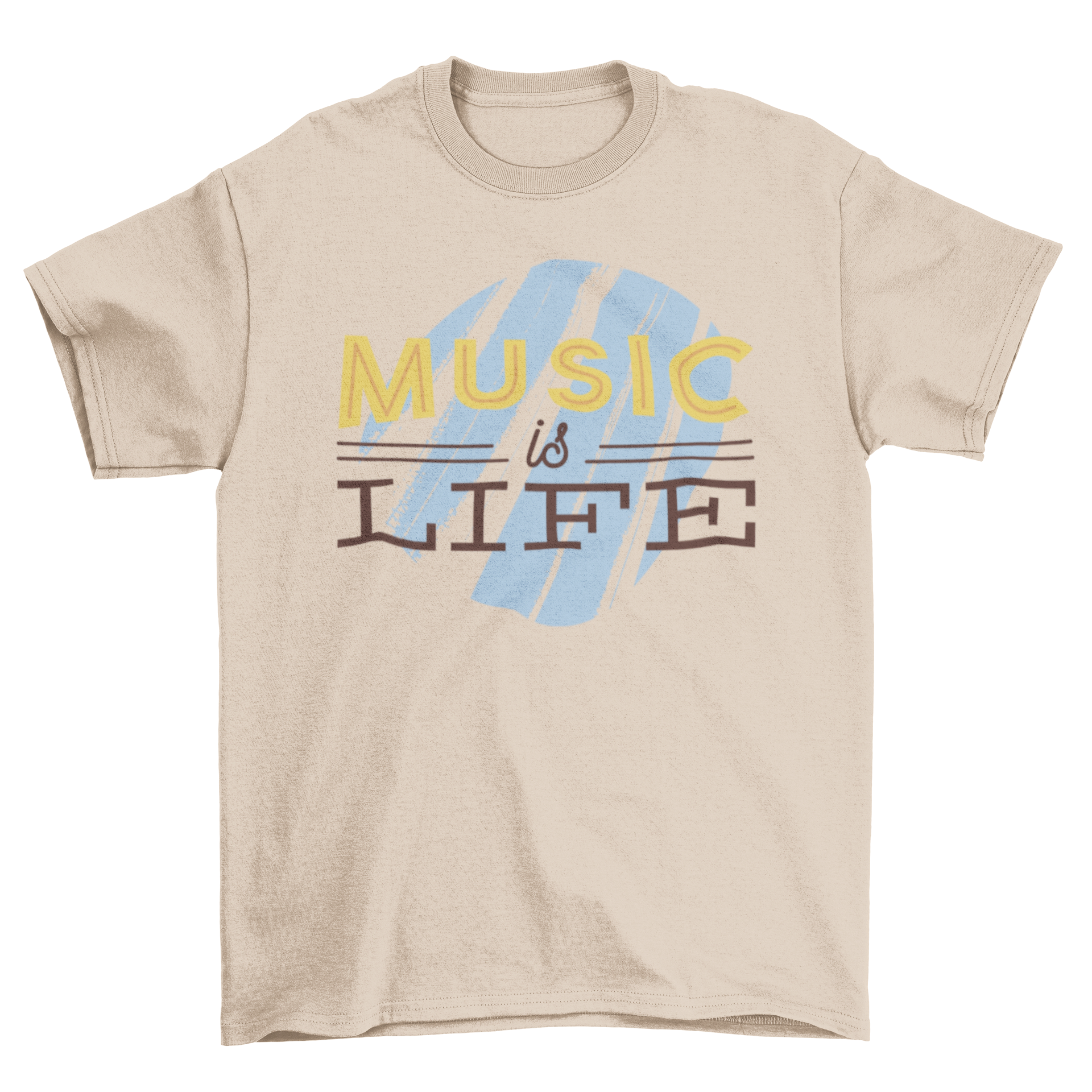 Light blue t-shirt featuring the quote 'Music is Life' in bold black and yellow letters.