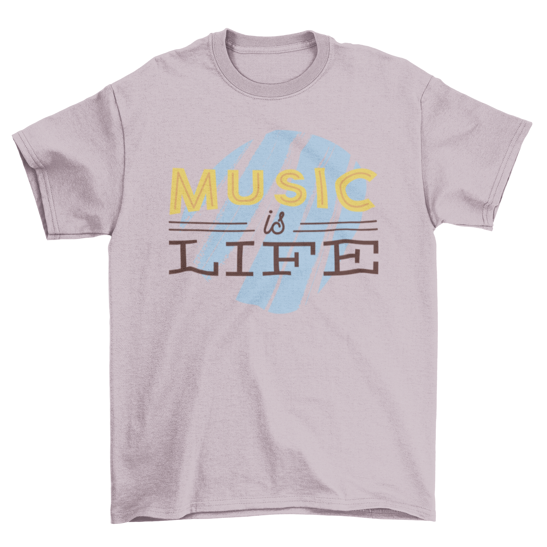 Light blue t-shirt featuring the quote 'Music is Life' in bold black and yellow letters.