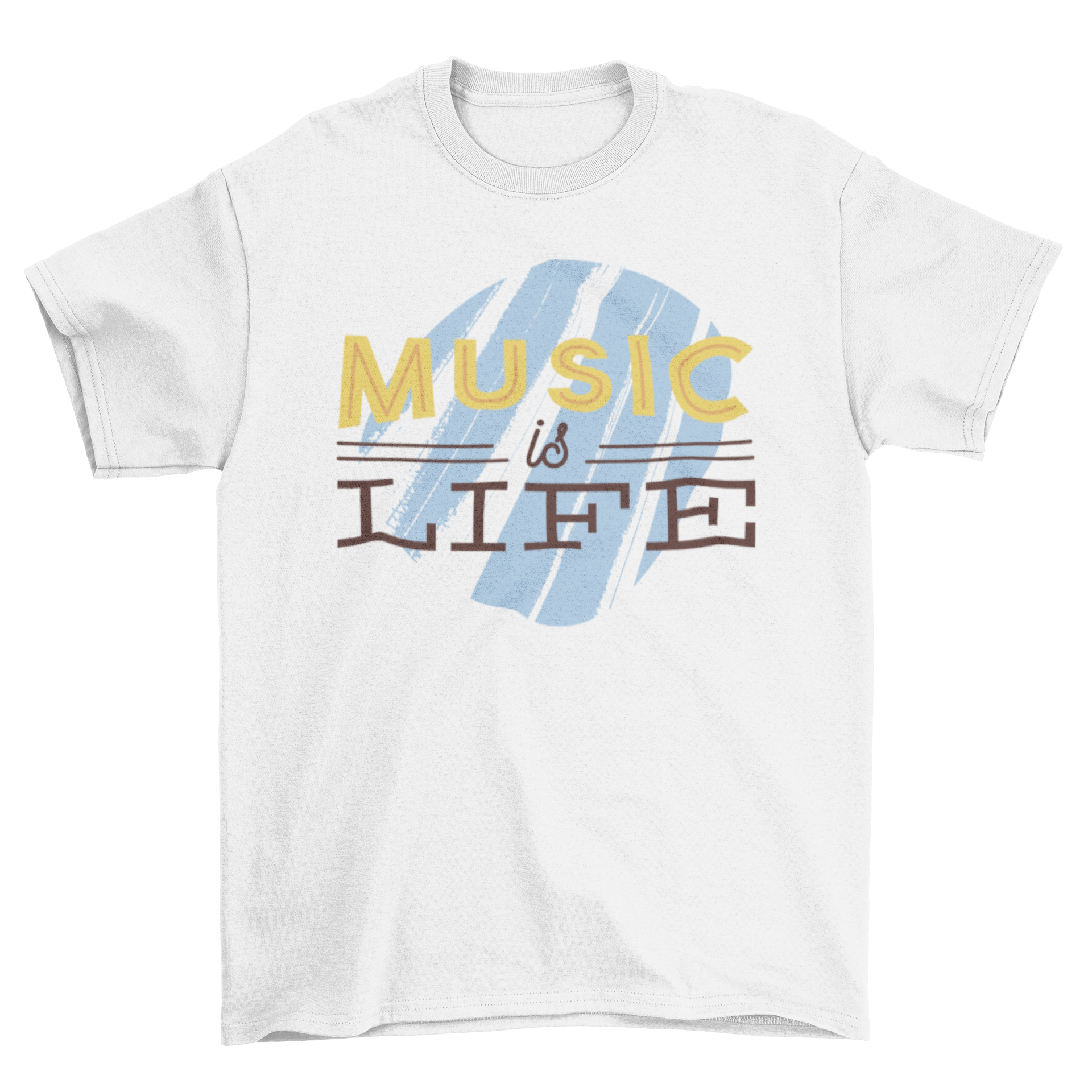 Light blue t-shirt featuring the quote 'Music is Life' in bold black and yellow letters.