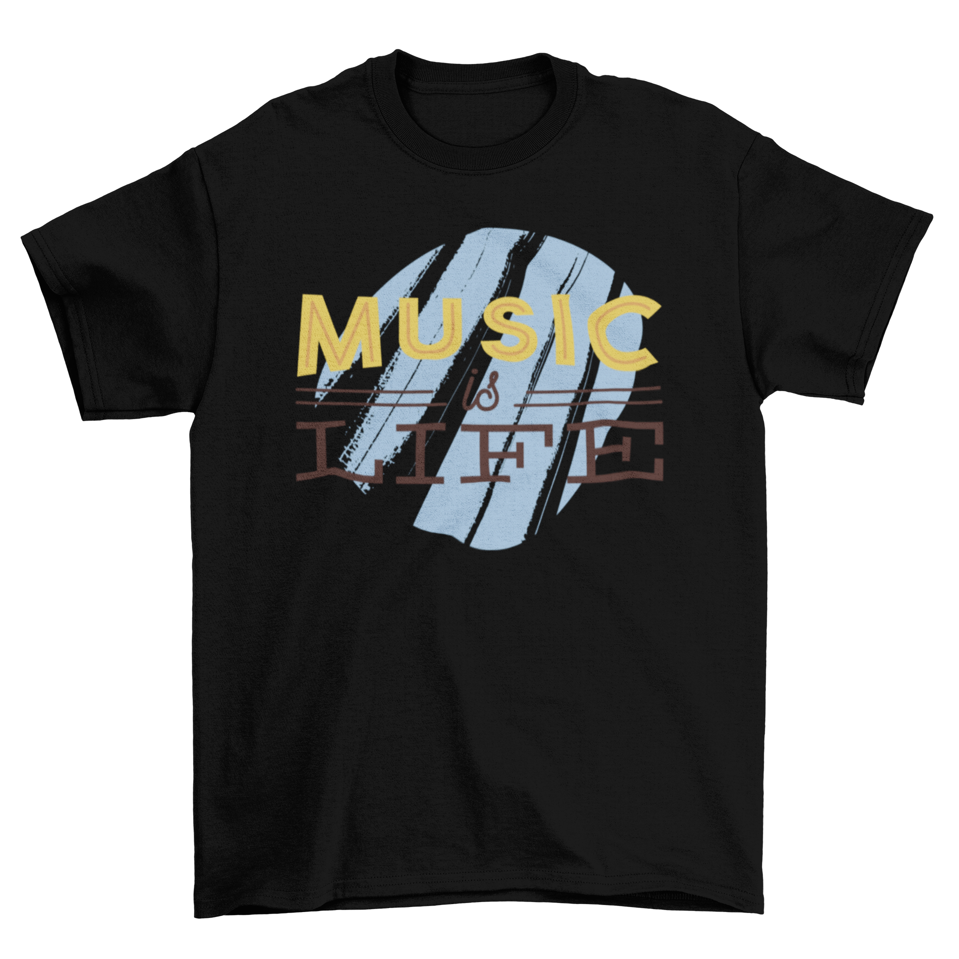 Light blue t-shirt featuring the quote 'Music is Life' in bold black and yellow letters.