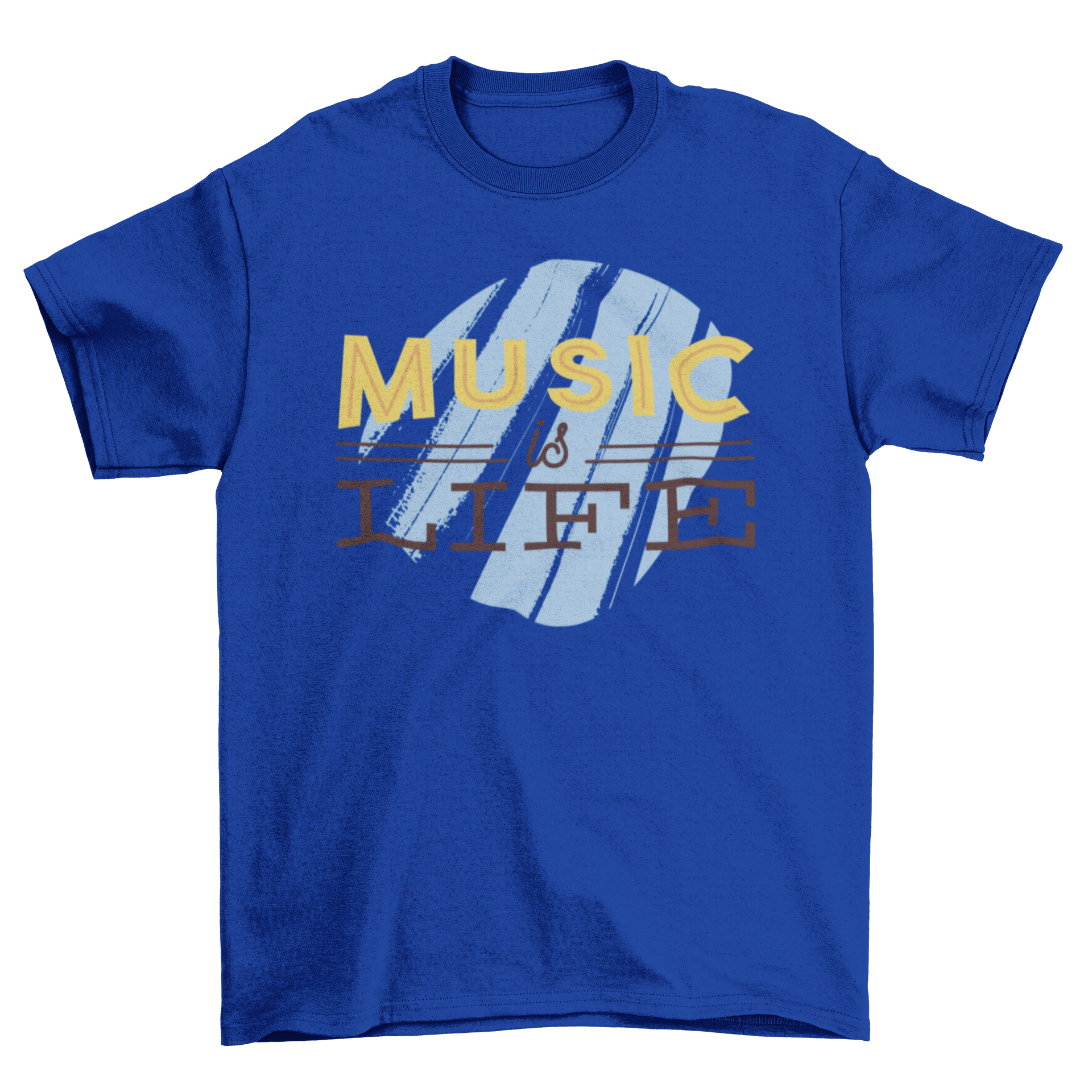 Light blue t-shirt featuring the quote 'Music is Life' in bold black and yellow letters.