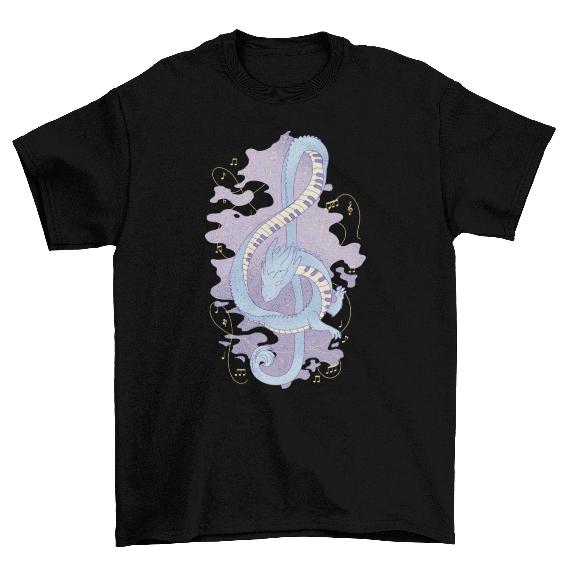 A vibrant musical dragon t-shirt featuring a colorful dragon design intertwined with musical notes, perfect for music lovers.