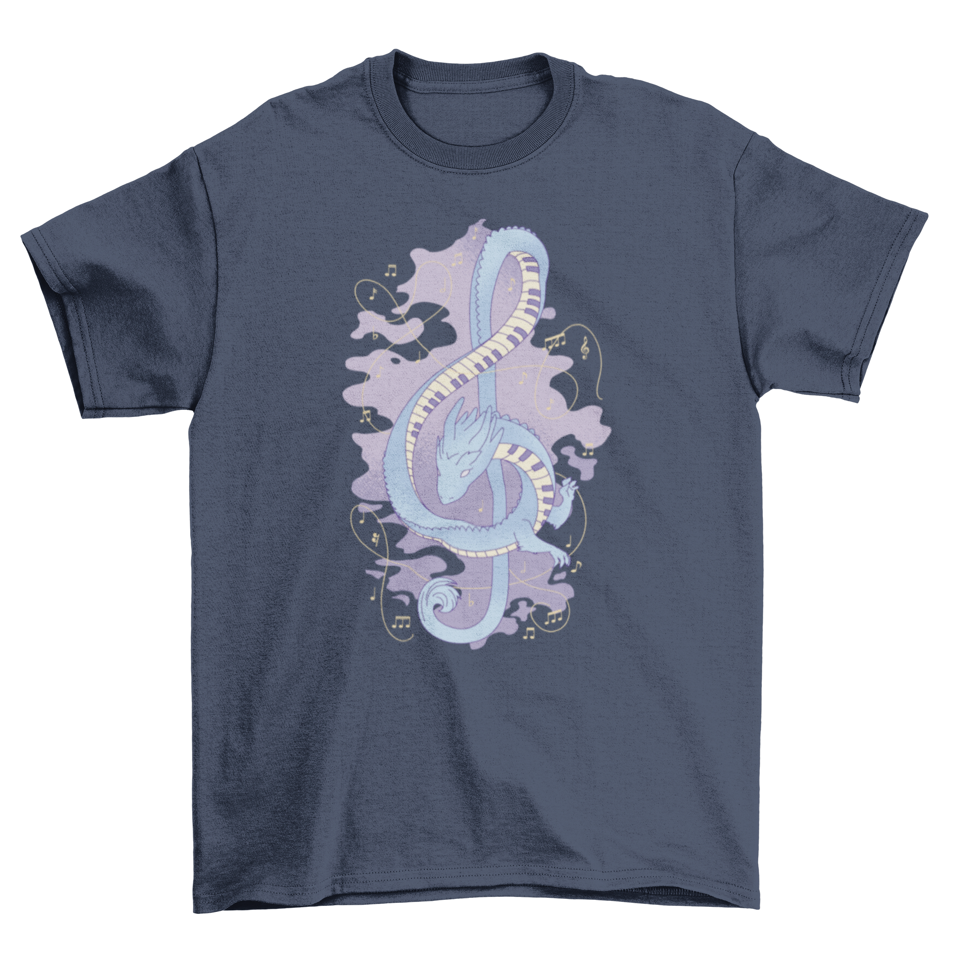 A vibrant musical dragon t-shirt featuring a colorful dragon design intertwined with musical notes, perfect for music lovers.