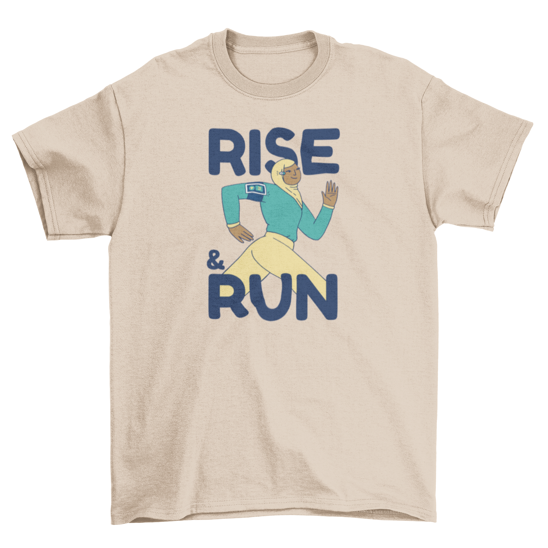 A stylish t-shirt featuring a Muslim woman running with the quote 'Rise and run', perfect for active women.